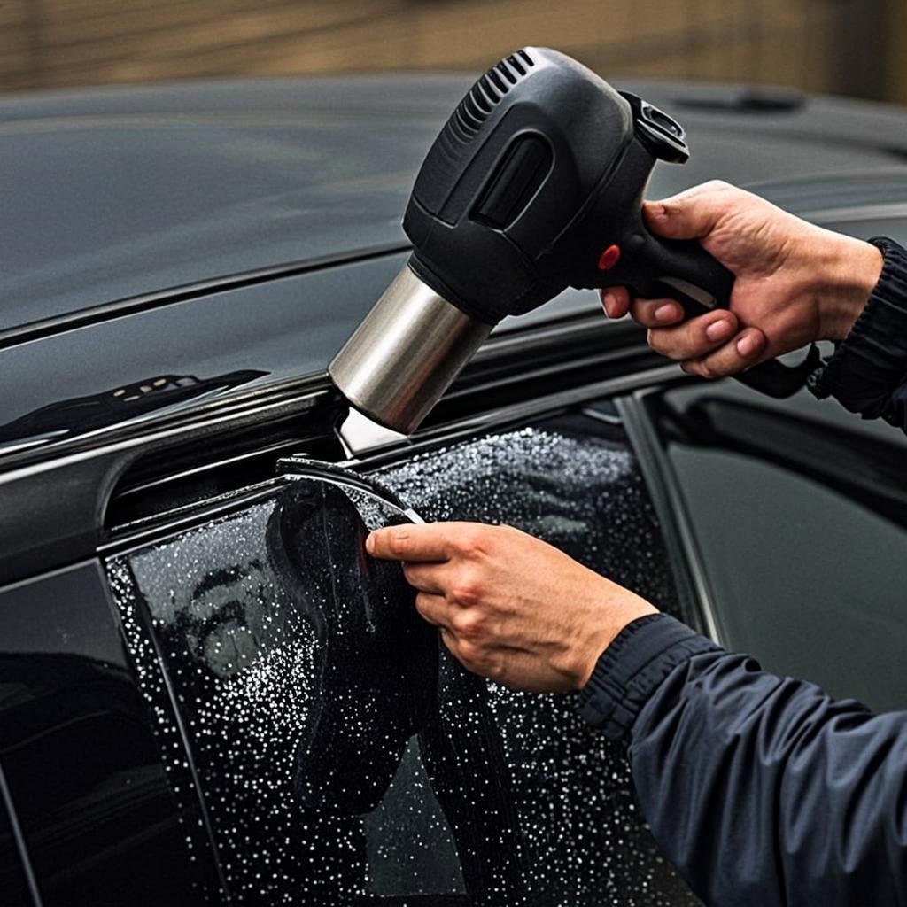 Close up of tint application with heat gun