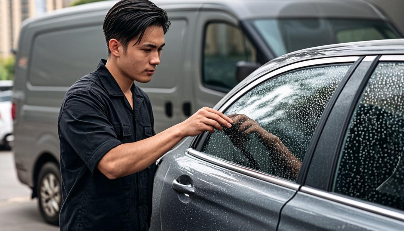 Technician applying tint film to a car window