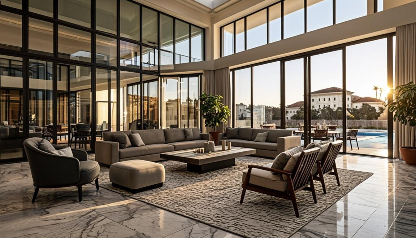 Modern living room with tinted windows